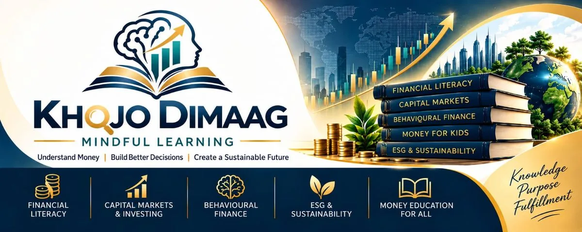 Khojo Dimaag, Mindful Learning: an open book and rising market chart beside a stack of books labelled Financial Literacy, Capital Markets, Behavioural Finance, Money for Kids and ESG & Sustainability, with a city skyline and a green globe